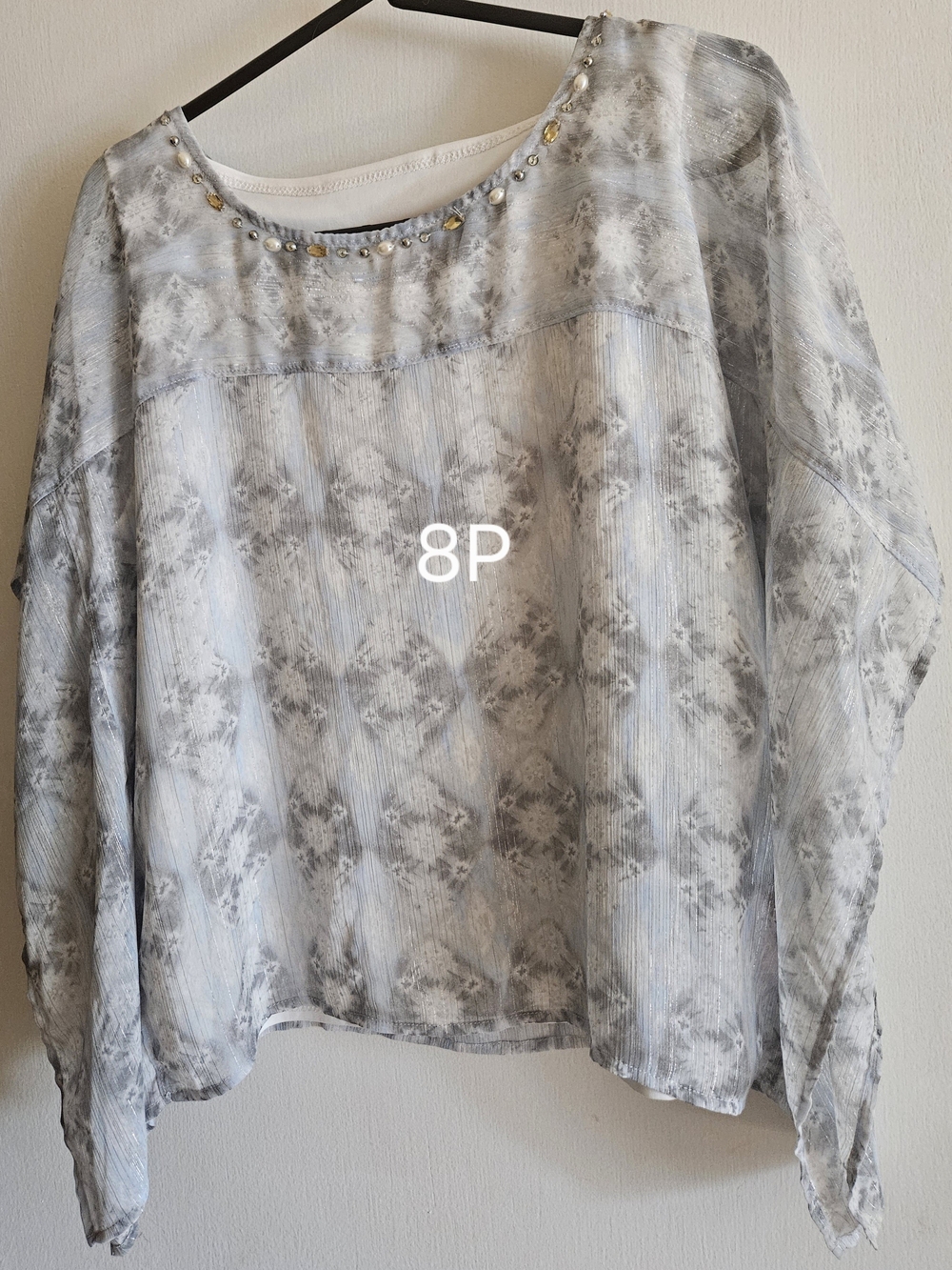 Light Gray Patterned Women's Blouse with Embellished Neckline